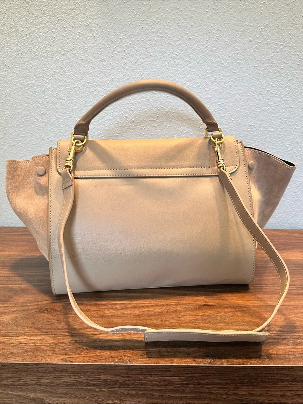 Ce!ine INSPIRED Trapeze-Style Leather Top-Handle Bag in Light Beige